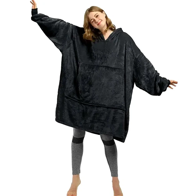 Оверсайз плед халат с капюшоном 100х80см для дома Huggle Hoodie Черный из полиэстера - Фото 4 Оверсайз плед халат с капюшоном 100х80см для дома Huggle Hoodie Черный из полиэстера - изображение 4