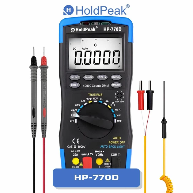 Мультиметр HoldPeak HP-770D профессиональный цифровой (TrueRMS 40000 отсчетов 1000В 20А AC/DC 40МОм 100мФ 1000°C 10МГц NCV) - Фото 1 Мультиметр HoldPeak HP-770D профессиональный цифровой (TrueRMS 40000 отсчетов 1000В 20А AC/DC 40МОм 100мФ 1000°C 10МГц NCV) - изображение 1