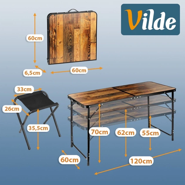 Стіл туристичний Vilde 489414 розкладний 3в1 120 x 60 x 55/62/70 см зі стільцями Коричневий (5900670121782) - зображення 12