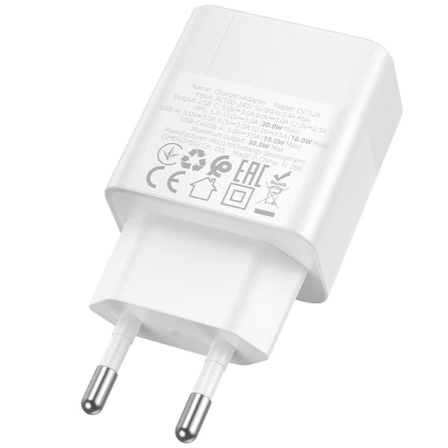 Мережевий зарядний пристрій Hoco CS112A Lounge PD30W+QC3.0 (1USB-A/1C) White - Фото 3 Мережевий зарядний пристрій Hoco CS112A Lounge PD30W+QC3.0 (1USB-A/1C) White - изображение 3