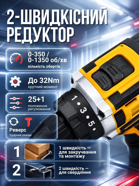 Дрель-шуруповёрт аккумуляторный 12V, 1350 об/мин, ANDER ONE, 2 скорости + набор слесарного инструмента 24 предмета + кейс, жёлто-чёрный (3663582197) - изображение 3