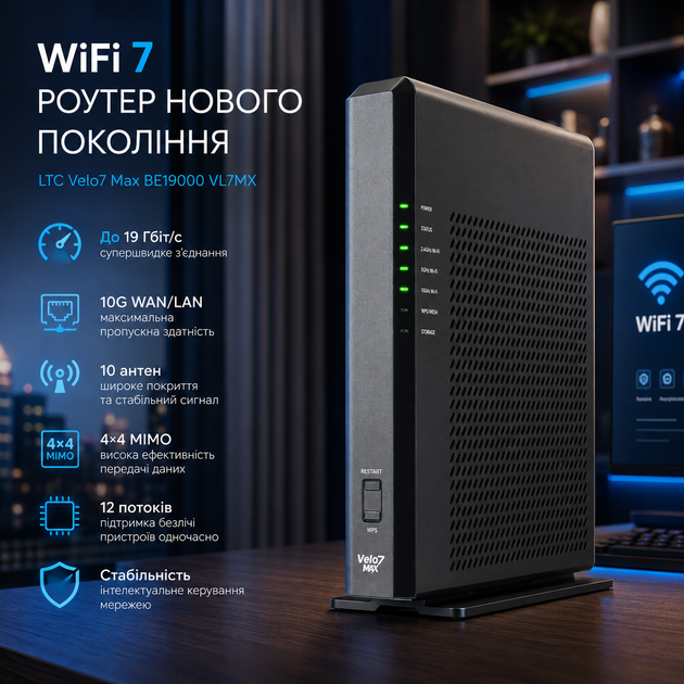 WiFi 7 маршрутизатор LTC Velo7 Max BE19000 VL7MX, до 19 Гбит/с, 10G WAN/LAN, 12 потоков, 10 антен, 4×4 MIMO - Фото 2 WiFi 7 маршрутизатор LTC Velo7 Max BE19000 VL7MX, до 19 Гбит/с, 10G WAN/LAN, 12 потоков, 10 антен, 4×4 MIMO - изображение 2