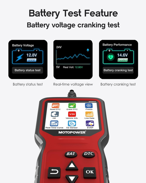 Автосканер MOTOPOWER MP69033 Pro OBD2 с тестером аккумулятора 12 В, TFT 2,8″, Live Data, проверка генератора, красный - изображение 6