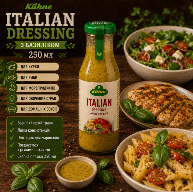 Соус салатный Kühne Italian Dressing 250 мл итальянский соус с базиликом винным уксусом пряными травами и чесноком - изображение 2