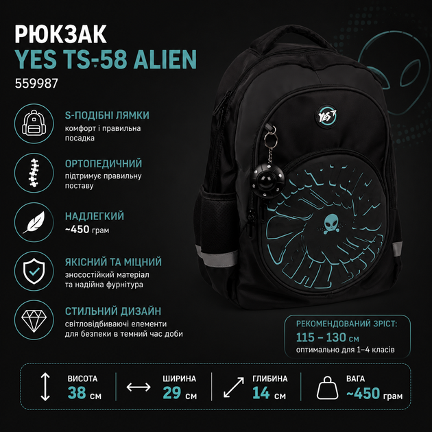 Школьный рюкзак сумка портфель для мальчика для 4-7 классов YES ТS-58 Alien (Yes 559987) черный - Фото 1 Школьный рюкзак сумка портфель для мальчика для 4-7 классов YES ТS-58 Alien (Yes 559987) черный - изображение 1