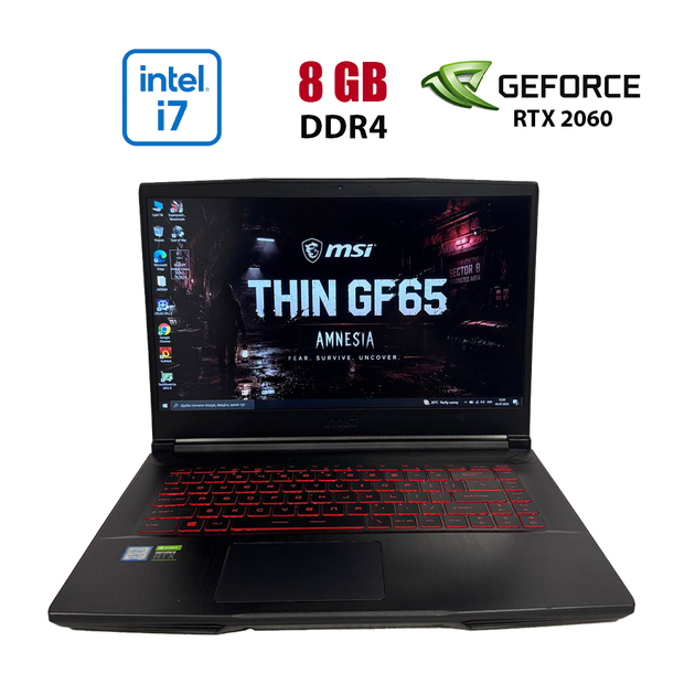 Игровой ноутбук Б-класс MSI GF65 Thin 9SEXR / 15.6" (1920x1080) IPS / Intel Core i7-9750H (6 (12) ядра по 2.6 - 4.5 GHz) / 8 GB DDR4 / 512 GB SSD M.2 / nVidia GeForce RTX 2060, 6 GB GDDR6, 192-bit / WebCam б/у - Фото 1 Игровой ноутбук Б-класс MSI GF65 Thin 9SEXR / 15.6" (1920x1080) IPS / Intel Core i7-9750H (6 (12) ядра по 2.6 - 4.5 GHz) / 8 GB DDR4 / 512 GB SSD M.2 / nVidia GeForce RTX 2060, 6 GB GDDR6, 192-bit / WebCam б/у - изображение 1
