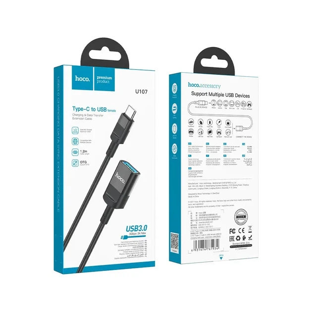USB Удлинитель Hoco U107 Type-C male to USB female USB3.0 Черный - Фото 2 USB Удлинитель Hoco U107 Type-C male to USB female USB3.0 Черный - изображение 2