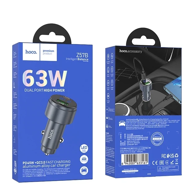 Автомобільний зарядний пристрій Hoco Z57B зі швидкою зарядкою PD45W / 3A та QC 3.0 18W USB+Type-C дисплей Grey - зображення 2