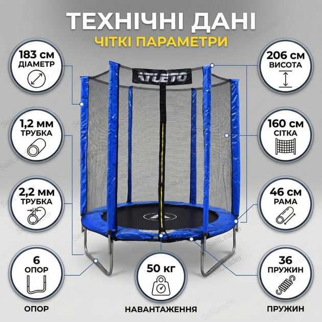 Батут детский с сеткой Atleto 183см тренировочный уличный 36 пружин игровой для двора дачи до 50кг синий - изображение 3