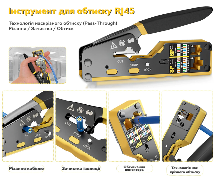 Обжимной инструмент RJ45 6088 с проходной технологией/ Многофункциональный кримпер для Ethernet-кабелей - изображение 8