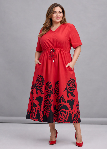 Літня червона бавовняна сукня з чорним принтом New Collection 23-1515 - XL-3XL - червоний - изображение 2