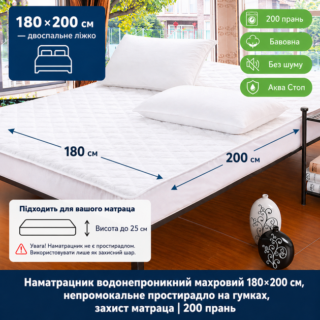 Наматрасник защитный махровый 180×200 см 100% хлопок, плотность 120 г/м2, бытовой, антискользящий, до 200 стирок, белый - изображение 2