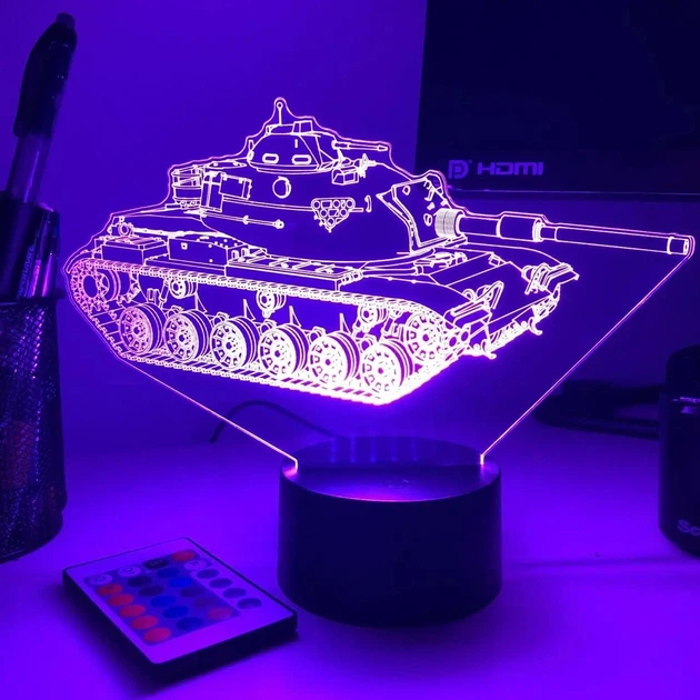 Светильник ночник декоративный ручной работы с пультом «Боевой танк M60 Patton. Военная тематика» 3D лампа с Led-подсветкой (7 цветов 4 режима) (3DT023) - изображение 4
