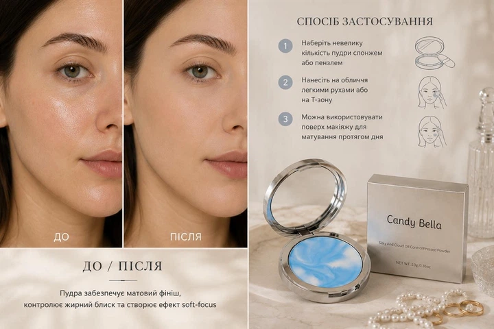 Восковая матированная пудра для лица Candy Bella 10 г компактная с матовым финишем для выравнивания тона кожи Голубая - Фото 4 Восковая матированная пудра для лица Candy Bella 10 г компактная с матовым финишем для выравнивания тона кожи Голубая - изображение 4