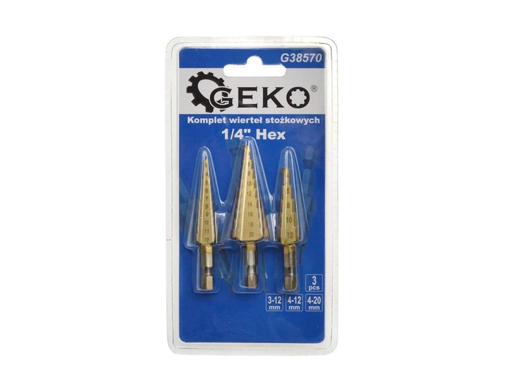 Свердла металу ступеневі "GEKO" з хвостовиком для шуруповерта Hex E6,3 [к-т 3шт] HSS-tyt 3,0-(12,0 / 20,0)мм - изображение 3