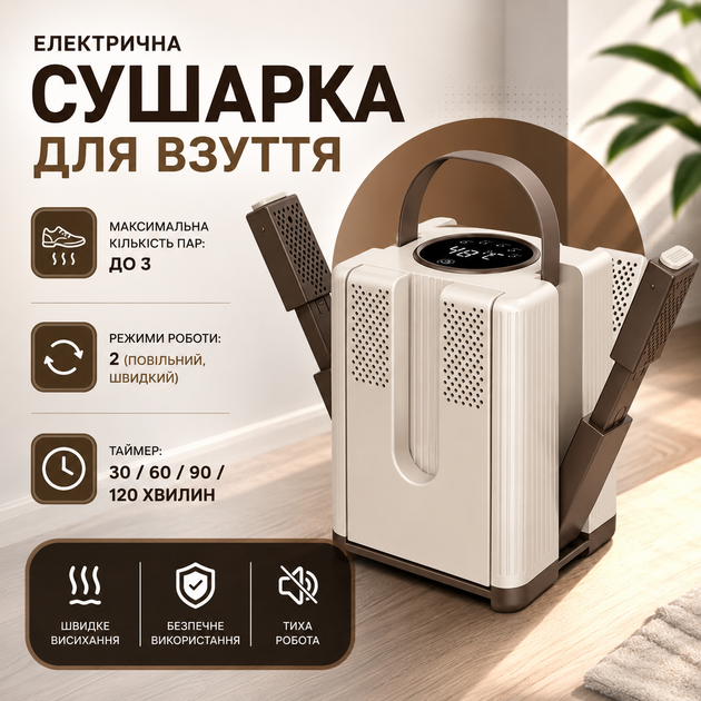 Электрическая сушилка для обуви с ультрафиолетовой дезинфекцией, устройство для одновременной сушки трех пар ботинок, кроссовок и сапог, таймер 30–120 минут, два режима работы, антибактериальный уход - изображение 2