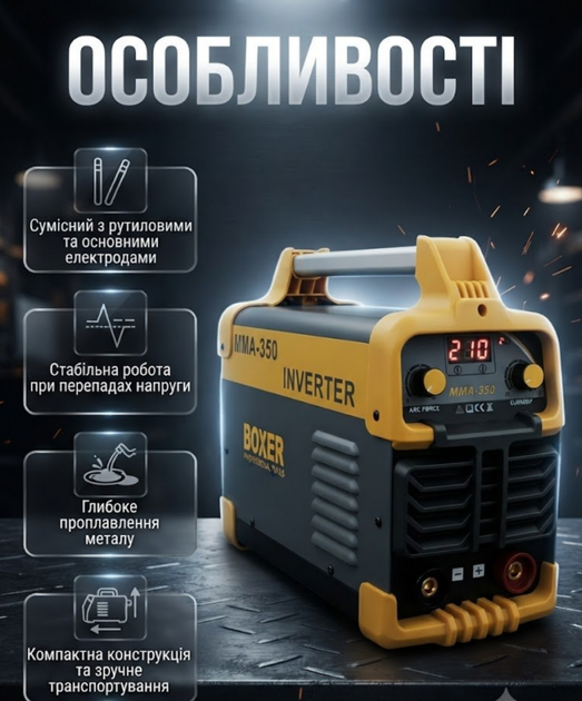 Инверторный сварочный аппарат BOXER IGBT MMA 20 350 А 350 А для электродов 1.6 5 мм со щитком электрододержателем и зажимом массы - Фото 3 Инверторный сварочный аппарат BOXER IGBT MMA 20 350 А 350 А для электродов 1.6 5 мм со щитком электрододержателем и зажимом массы - изображение 3