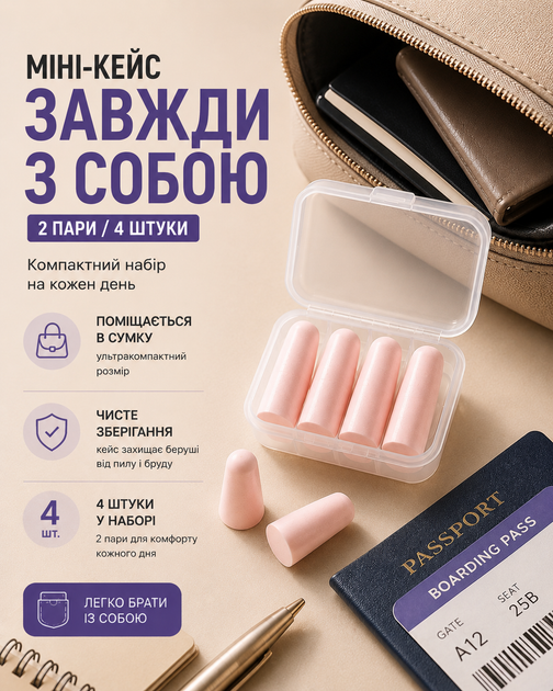 Беруши для сна от шума храпа беруши в кейсе мягкие противошумные вкладыши для ушей розовые 2 пары 4 шт для путешествий отдыха работы учебы компактные шумопоглощающие - изображение 2