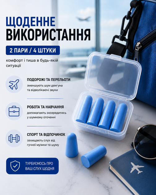 Беруші для сну від шуму хропіння бервуха у кейсі м’які протишумні вкладиші для вух сині 2 пари 4 шт для подорожей відпочинку роботи навчання компактні шумопоглинаючі - зображення 4
