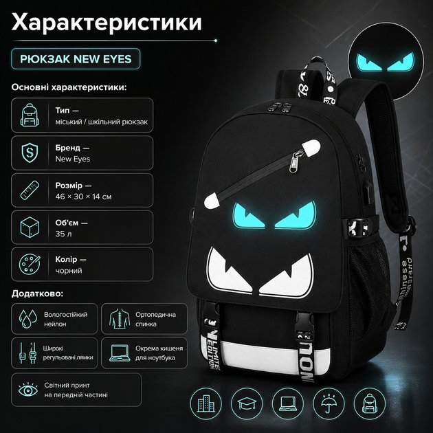 Городской рюкзак New Eyes 35 л 46х30х14 см со светящимся принтом USB портом отделением для ноутбука и ортопедической спинкой черный - изображение 3