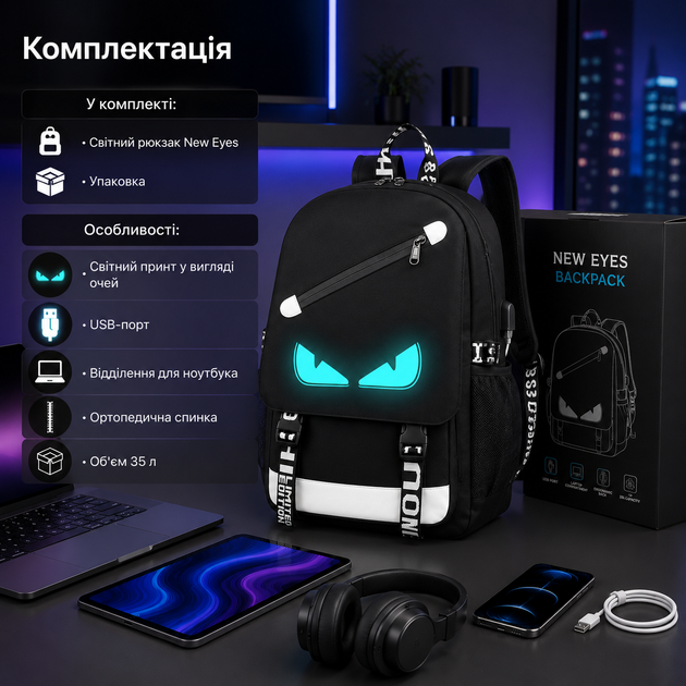 Городской рюкзак New Eyes 35 л 46х30х14 см со светящимся принтом USB портом отделением для ноутбука и ортопедической спинкой черный - изображение 4