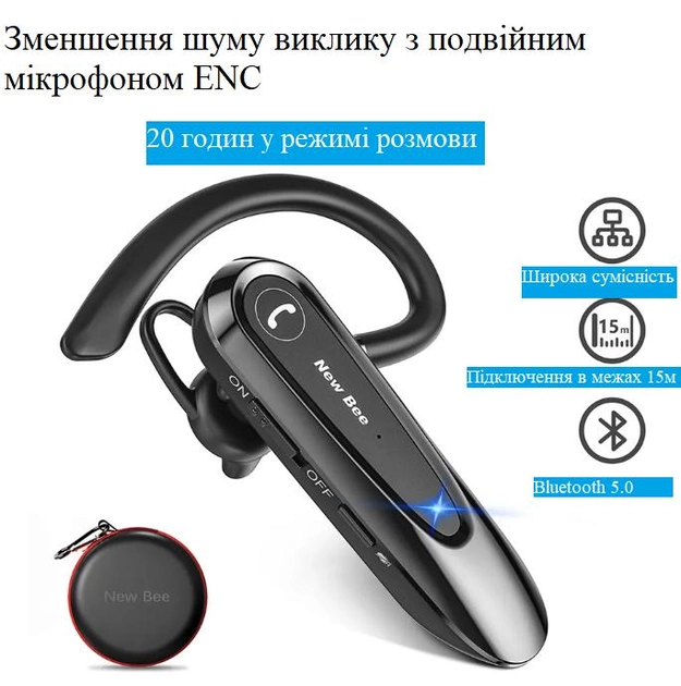 Бездротова Bluetooth гарнітура New Bee LC-B45 з активним шумозаглушенням ENC, Bluetooth 5.0, до 25 годин роботи, чохол у комплекті - Фото 3 Бездротова Bluetooth гарнітура New Bee LC-B45 з активним шумозаглушенням ENC, Bluetooth 5.0, до 25 годин роботи, чохол у комплекті - зображення 3