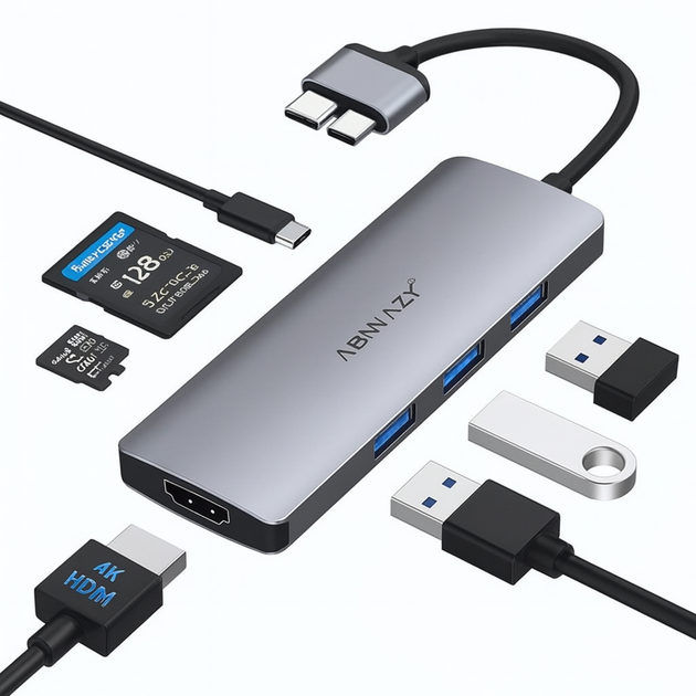 Док-станція хаб Abiwazy 8 в 2 для MacBook Pro та MacBook Air, USB-C адаптер з 2 HDMI, 3 USB 3.0, PD 100W, SD/TF, колір сірий - Фото 2 Док-станція хаб Abiwazy 8 в 2 для MacBook Pro та MacBook Air, USB-C адаптер з 2 HDMI, 3 USB 3.0, PD 100W, SD/TF, колір сірий - зображення 2