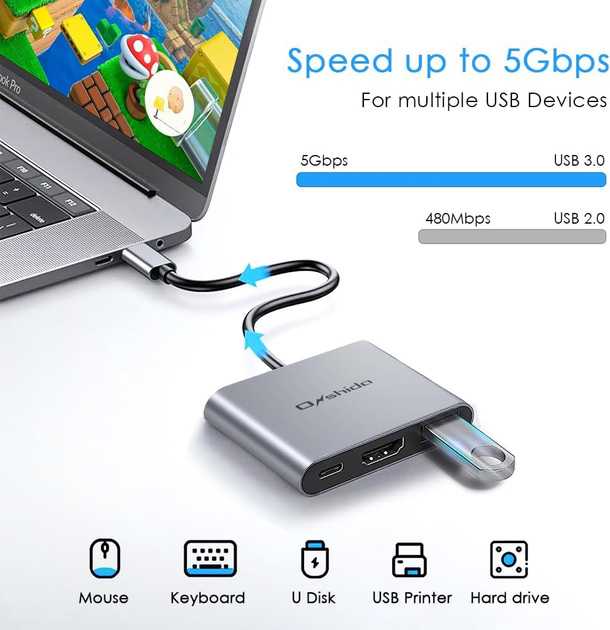 Док-станція Onshida 3в1 USB-C HDMI адаптер 4K 30Hz PD 100W USB 3.0 для Nintendo Switch MacBook Samsung DeX - зображення 7