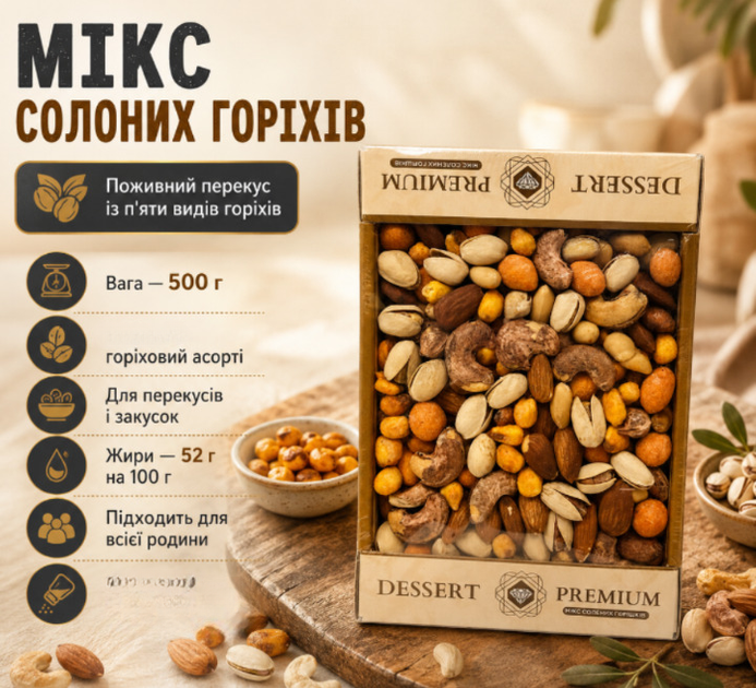 Соленый микс орехов 500 г кешью, миндаль, фундук, арахис и фисташки, отборный ассорти - Фото 1 Соленый микс орехов 500 г кешью, миндаль, фундук, арахис и фисташки, отборный ассорти - изображение 1