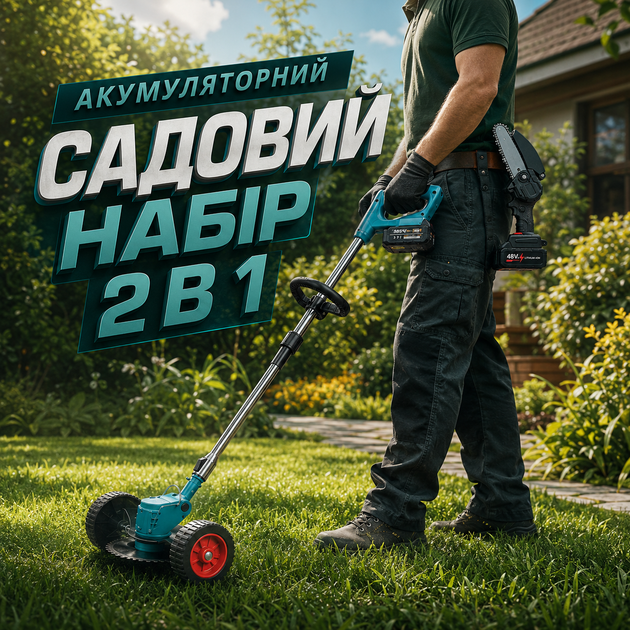 Набір акумуляторних інструментів Krafftec Kra-808 + AZ-144 48V із тримером, мініпилою 10 см, двома акумуляторами та комплектом насадок для догляду за садом і газоном - зображення 2