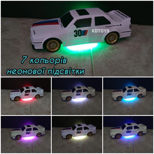 Дрифт машинка БМВ M3 E30 с аккумулятором 30 km/h, неоновой подсветкой и светящимися фарами БМВ для дрифта (White) - изображение 10