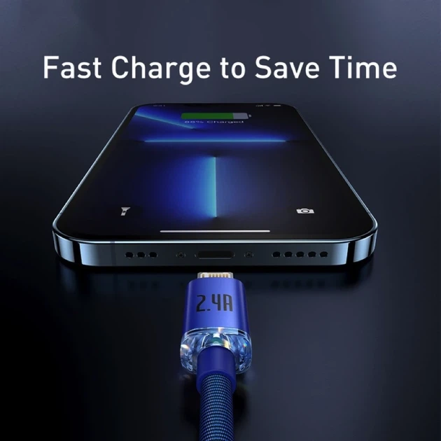 Кабель Baseus Crystal Shine Series Fast Charging Data Cable USB to iP 2.4A 2m Blue - Фото 4 Кабель Baseus Crystal Shine Series Fast Charging Data Cable USB to iP 2.4A 2m Blue - изображение 4