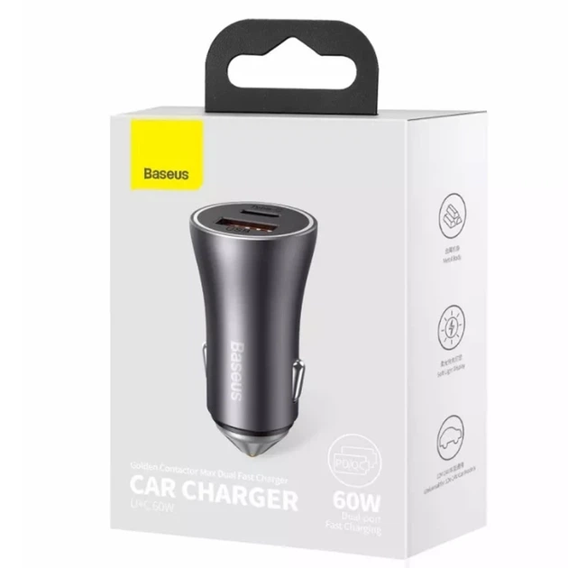 Автомобільний зарядний пристрій Baseus Golden Contactor Max Dual Fast Charger Car Charger U+C 60W Dark Gray - зображення 2