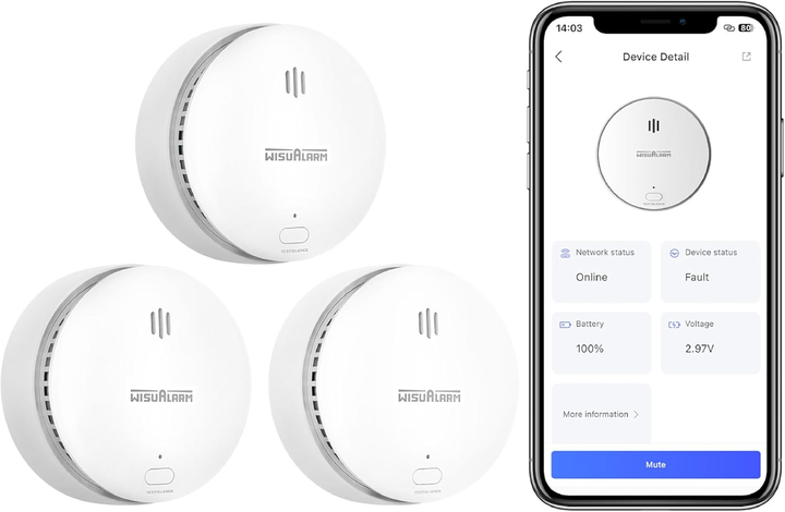 Дымовая сигнализация WISUALARM Wi-Fi 3 шт с фотоэлектрическим датчиком, уведомления на смартфон, 85 дБ, сменная батарея - изображение 2