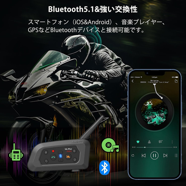Мотогарнітура Moshono V6 Plus Bluetooth 5.1 для шолома, інтерком до 6 осіб, 1500 м, ANC, IP65, акумулятор 850 мАг, чорна - зображення 8