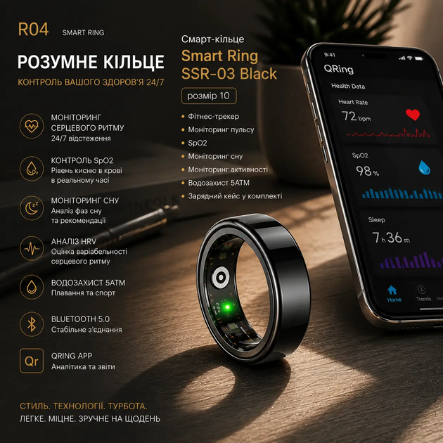 Розумне кільце Smart Ring SUNOL Black (Size 9): моніторинг здоров'я, сну, тиску та кисню, IP68, iOS/Android + Зарядний кейс - зображення 2