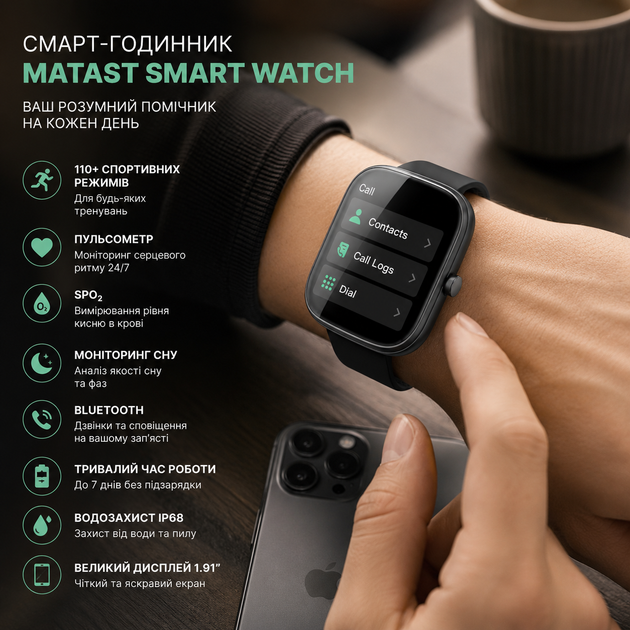 Смарт-годинник Matast Smart Watch 1.91", 110+ спортивних режимів, пульсометр, SpO2, моніторинг сну, Bluetooth - зображення 3