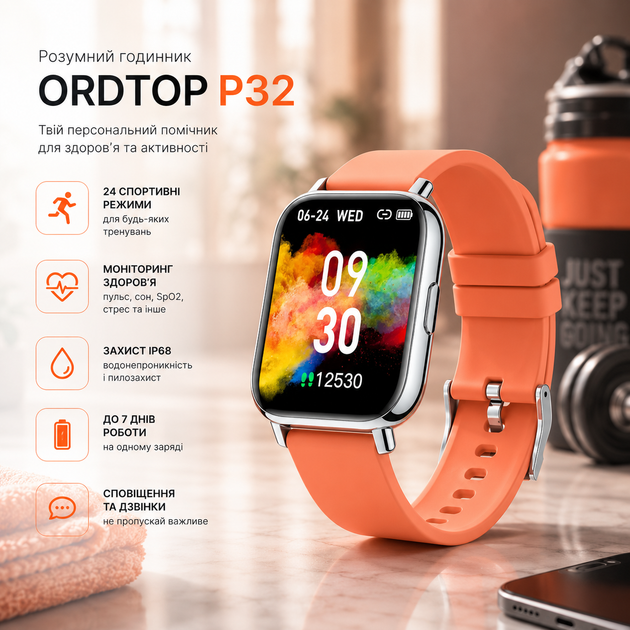 Смарт-годинник Ordtop P32 Orange: стильний фітнес-трекер з моніторингом здоров'я та водозахистом IP68, новий гаджет для спорту - Фото 1 Смарт-годинник Ordtop P32 Orange: стильний фітнес-трекер з моніторингом здоров'я та водозахистом IP68, новий гаджет для спорту - зображення 1