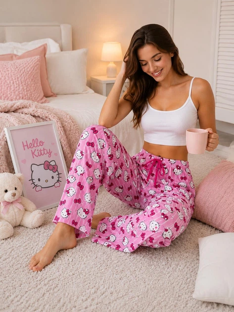 Пижамные штаны женские Hello Kitty розовые домашние штаны для сна и отдыха легкие свободные на резинке со шнурком мягкие летние пижамные брюки домашняя одежда для женщин и девушек штаны для дома подарок хеллоу киттиM (kit 01) - Фото 2 Пижамные штаны женские Hello Kitty розовые домашние штаны для сна и отдыха легкие свободные на резинке со шнурком мягкие летние пижамные брюки домашняя одежда для женщин и девушек штаны для дома подарок хеллоу киттиM (kit 01) - изображение 2