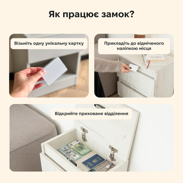 Приліжкова тумба Fedor'Kov B24 на 2 шухляди з прихованим відділенням і RFID замком, ДСП ламіноване, 45×30×50 см. Антрацит - зображення 2