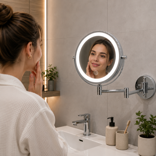 Зеркало настенное для ванной комнаты с LED-подсветкой 20 см косметическое двустороннее с увеличением 3× - изображение 3
