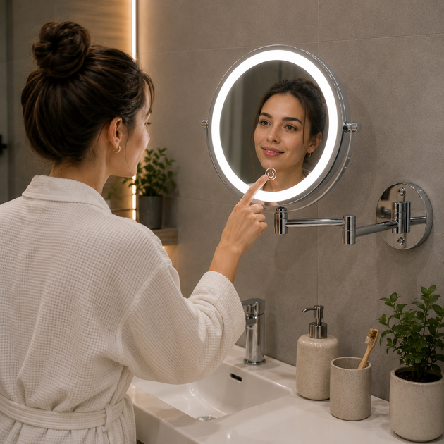 Зеркало настенное для ванной комнаты с LED-подсветкой 20 см косметическое двустороннее с увеличением 3× - изображение 4