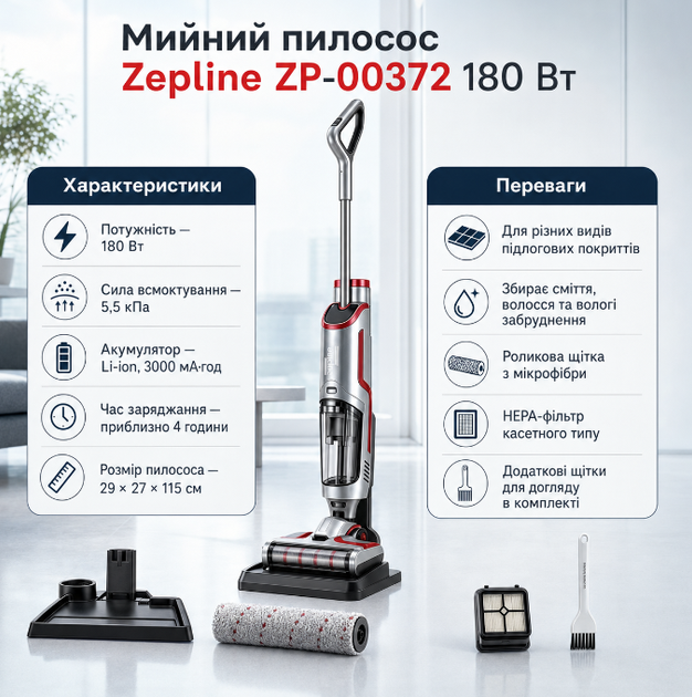 Беспроводной моющий пылесос Zepline ZP 00372 180 Вт для сухой и влажной уборки с функцией самоочистки - изображение 3