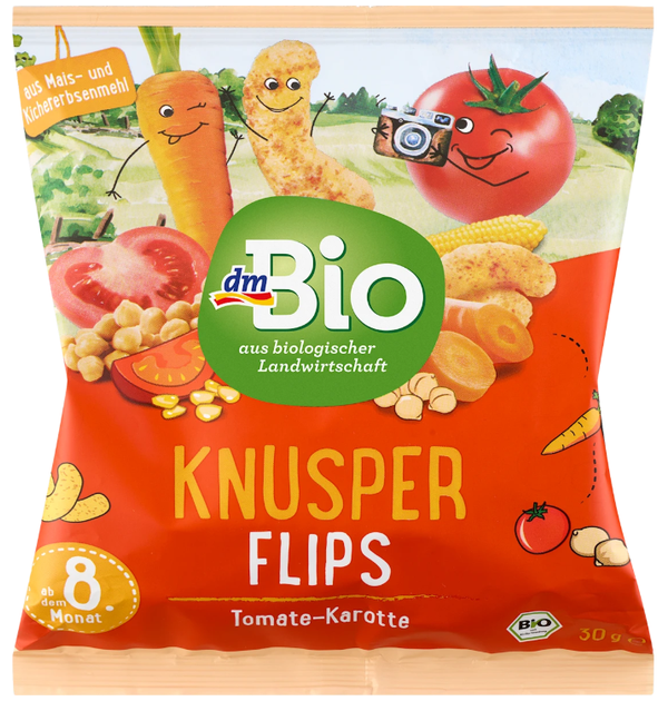 Дитячі кукурудзяні палички dmBio Knusper Flips з кукурудзи та нуту, томатно-морквяні, 30 г - Фото 1 Дитячі кукурудзяні палички dmBio Knusper Flips з кукурудзи та нуту, томатно-морквяні, 30 г - изображение 1