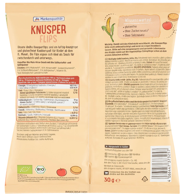 Дитячі кукурудзяні палочки dmBio Knusper Flips з бататом та яблуком 30 г - изображение 2