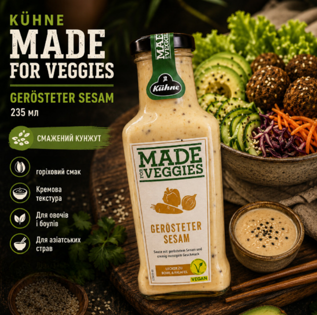 Соус кунжутный Kühne Made For Veggies Gerösteter Sesam 235 мл с жареным кунжутом для овощей боулов фалафеля салатов и блюд азиатской кухни - Фото 1 Соус кунжутный Kühne Made For Veggies Gerösteter Sesam 235 мл с жареным кунжутом для овощей боулов фалафеля салатов и блюд азиатской кухни - изображение 1