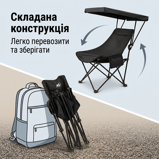 Стул складной с крышей Черный Кресло для отдыха на природе с тентом - Фото 6 Стул складной с крышей Черный Кресло для отдыха на природе с тентом - изображение 6