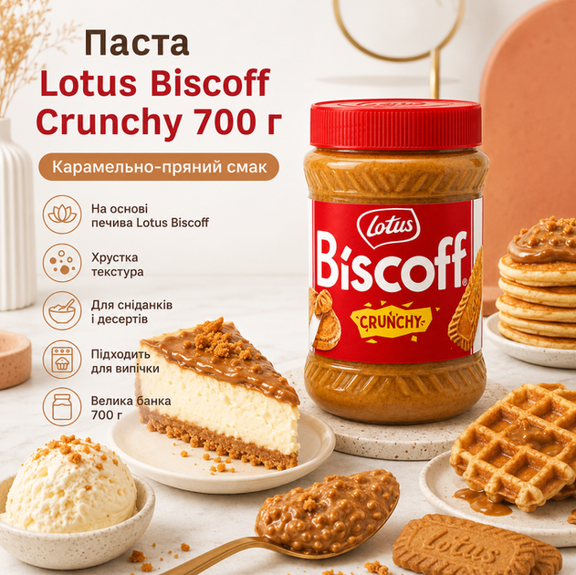 Паста из карамелизированного печенья Lotus Biscoff Crunchy 700 г хрустящая бельгийская карамельная паста для круассанов вафель чизкейков и тортов - Фото 1 Паста из карамелизированного печенья Lotus Biscoff Crunchy 700 г хрустящая бельгийская карамельная паста для круассанов вафель чизкейков и тортов - изображение 1