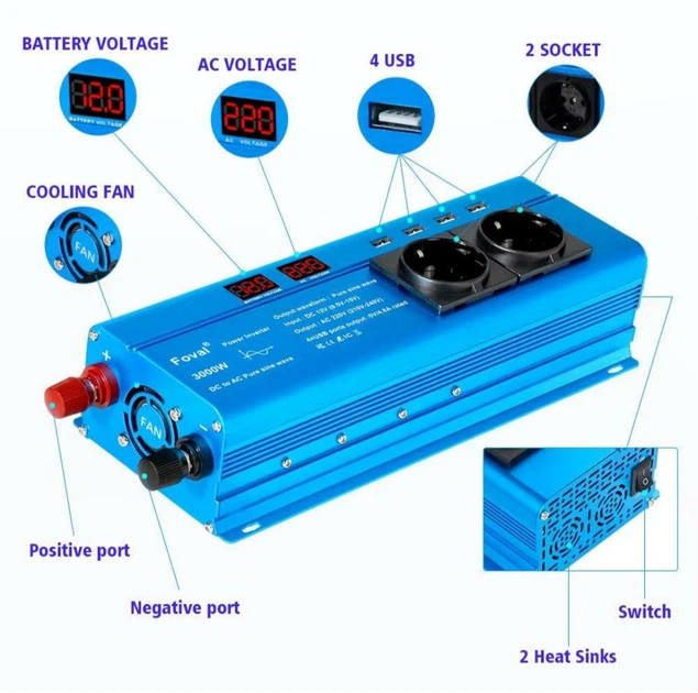 Инвертор Foval 12/220 V, 3000W, преобразователь напряжения для дома - изображение 5