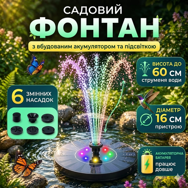 Фонтан садовый на солнечной батарее с аккумулятором и подсветкой, 1500mAh, 16см - Фото 1 Фонтан садовый на солнечной батарее с аккумулятором и подсветкой, 1500mAh, 16см - изображение 1